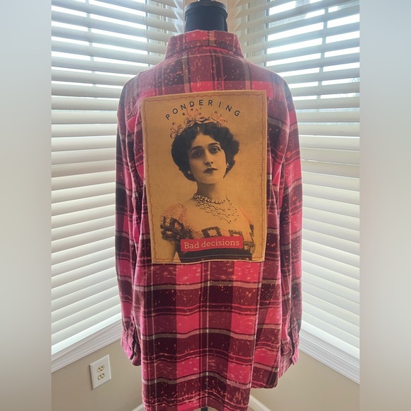 Angry Minnow Vintage Style Graphic Flannel with Pink and Red Plaid - Picture 3 of 5